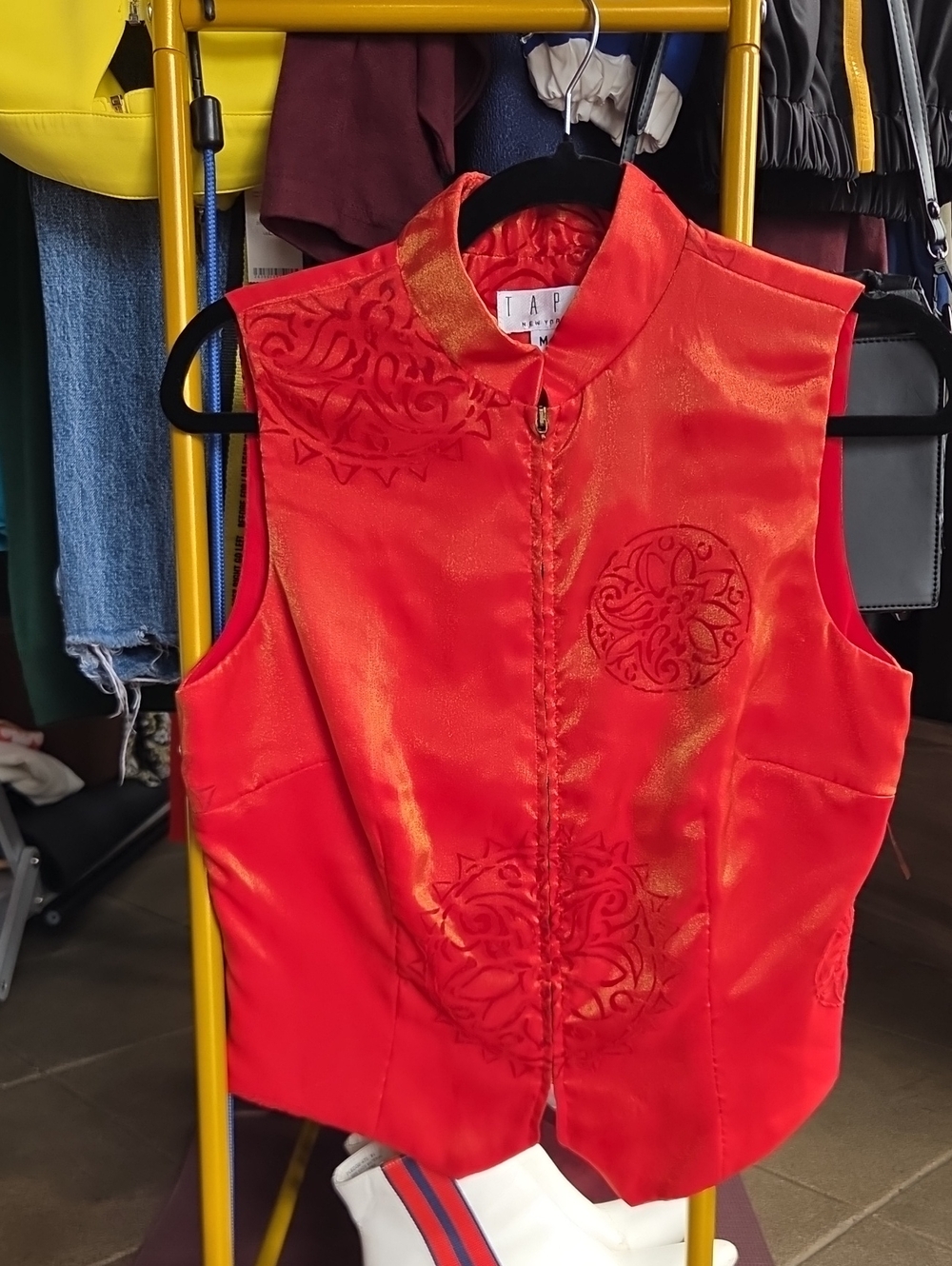 Red Embroidered Mandarin Collar Satin Vest